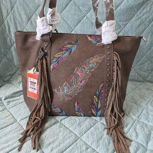Montana West Embroidered Feather Collection Concealed Carry Tote COFFEE